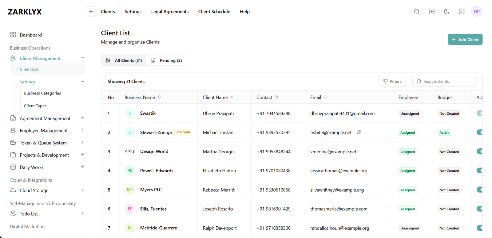 Client Management module in ZarklyX