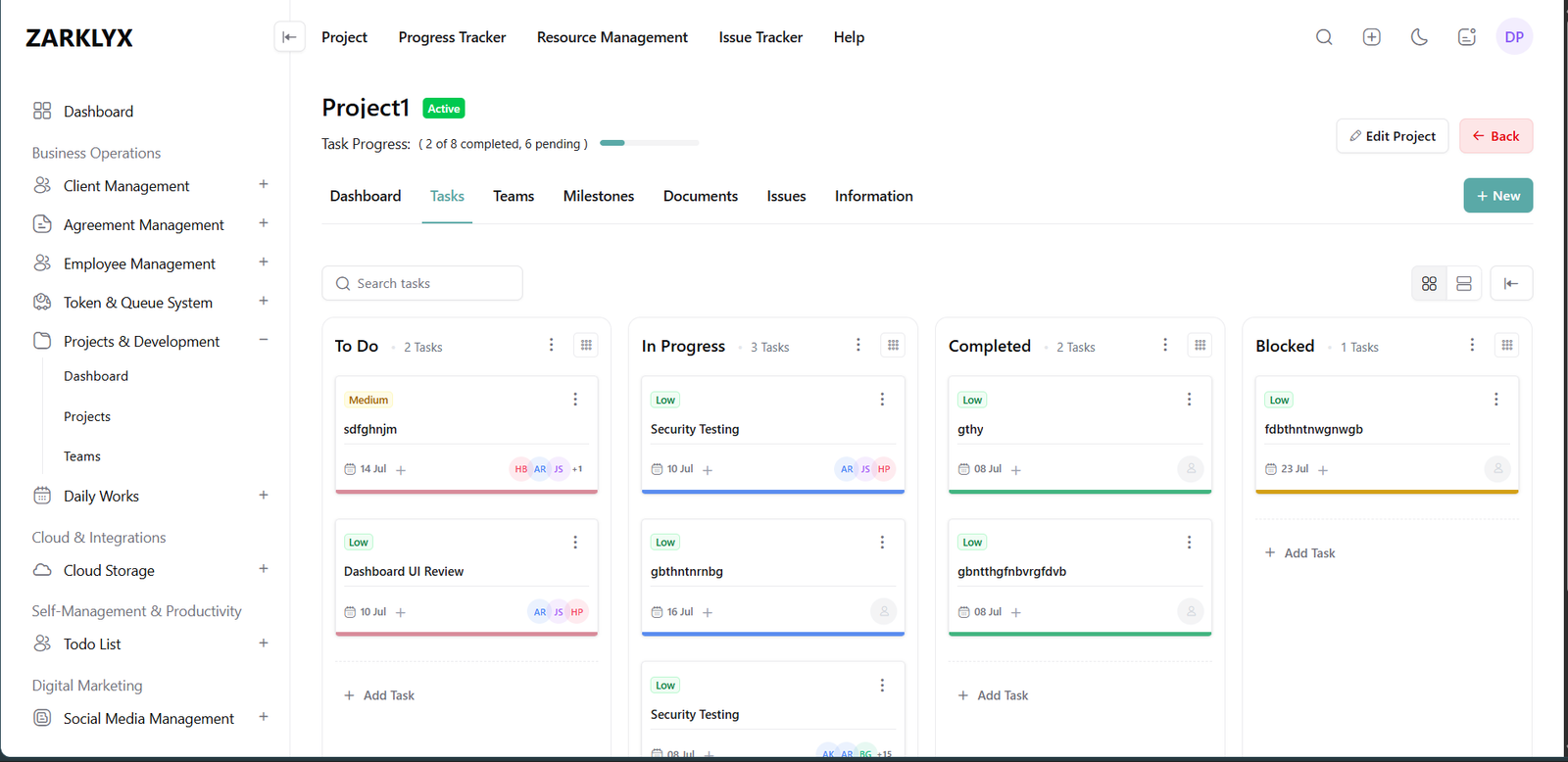 Project Management module in ZarklyX